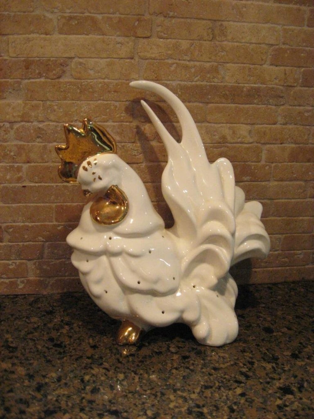 WHITE CERAMIC ROOSTER WITH GOLD ACCENTS